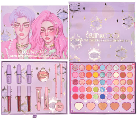 Purple Eyeshadow, Highlighter, Lipstick, Gloss, Blush, Lip Liner Set